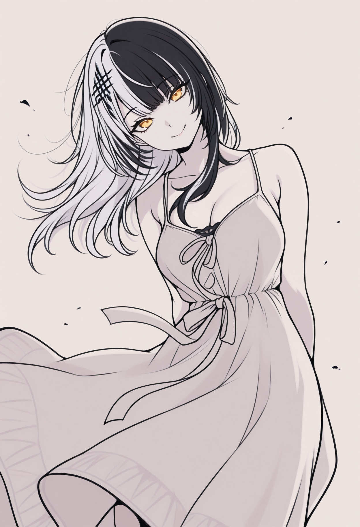masterpiece, best quality, lineart, traditional media, graphite \(medium\), flat color, limited palette, monochrome, spot color, pale color, anime coloring, 1girl, solo, Shi0riN0vella, multicolored hair, white hair, black hair, yellow eyes, single hair ornament, sundress, spaghetti strap, sleeveless, flowing dress, wind, head tilt, arms behind back, looking at viewer, dutch angle, smile, simple background, <lora:ChamShioriNovellaV2IllustriousXL:1>