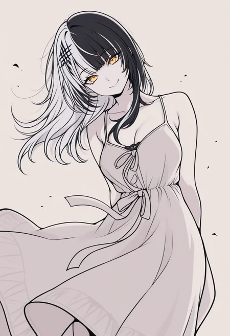 masterpiece, best quality, lineart, traditional media, graphite \(medium\), flat color, limited palette, monochrome, spot color, pale color, anime coloring, 1girl, solo, Shi0riN0vella, multicolored hair, white hair, black hair, yellow eyes, single hair ornament, sundress, spaghetti strap, sleeveless, flowing dress, wind, head tilt, arms behind back, looking at viewer, dutch angle, smile, simple background, <lora:ChamShioriNovellaV2IllustriousXL:1>