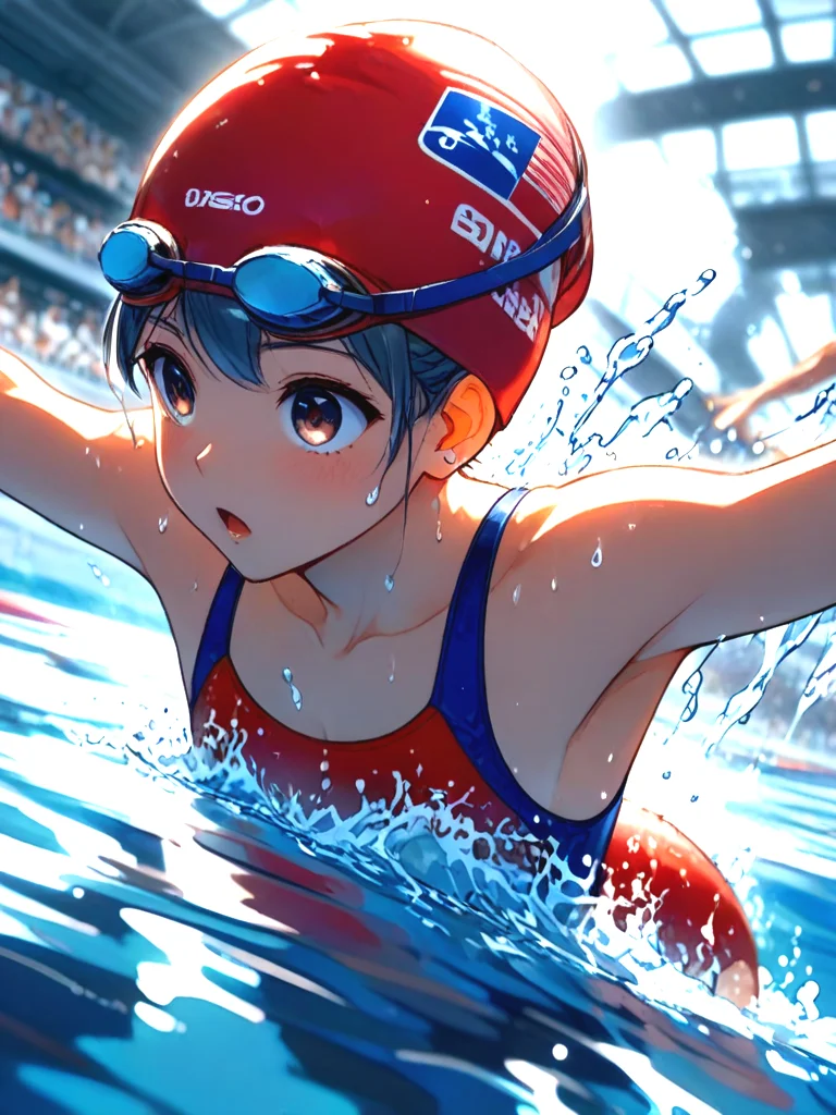 source_anime,close-up, from side, profile, dutch angle, butterfl_ystroke, lying on stomach, outstretched arms, arms behind back, leaning forward, water flow, refraction, player swimsuit, splashing, skylight, swimming pool, olympic games venue, cinematic lighting, crowd, swim cap, looking down, head down, bent over, cleavage, big tits, from above, overhead view, <lora:girllikebutterflystroke_pony:1>