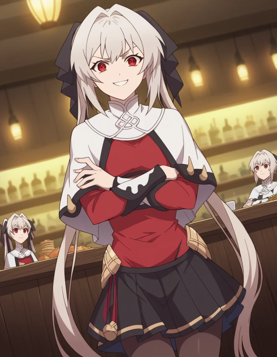 score_9, score_8_up, score_7_up, source_anime, <lora:lynneburg-clays-s1-ponyxl-lora-nochekaiser:1>, lynneburg clays, long hair, red eyes, twintails, grey hair, hair intakes, hair ribbon,, pantyhose, capelet, white capelet, dress, red dress, long sleeves, skirt, black skirt, pleated skirt,, restaurant, laughter, good food, warm lighting, celebration, smile, looking at viewer, crossed arms, smile, smug, solo,, cowboy shot, dutch angle