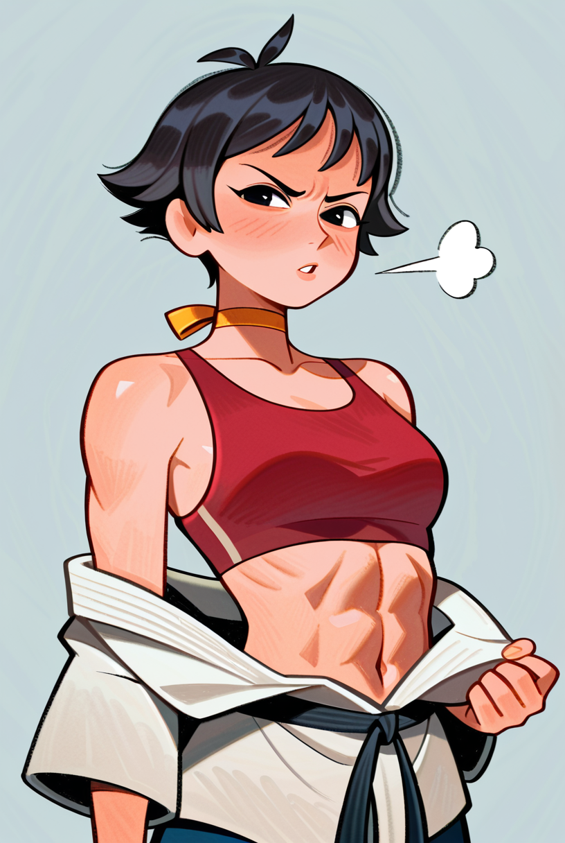 frdbns, masterpiece, amazing quality, best quality,  aesthetic, traditional media, Makoto, (Street Fighter 3 Third Strike), 1girl, black hair, short hair, black eyes, small breasts, yellow ribbon choker, looking at viewer, angry, furrowed brow, parted lips, red sports bra, midriff, dougi, off shoulder, fighting stance, abs, toned, simple background, blowing air, 