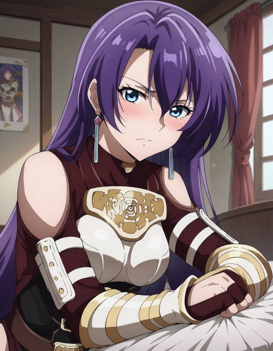 score_9, score_8_up, score_7_up, source_anime,
arthurpencilgon, <lora:arthur-pencilgon-ponyxl-lora-nochekaiser:1>,
arthur pencilgon, long hair, blue eyes, hair between eyes, very long hair, purple hair,
gloves, belt, armor, clothing cutout, breastplate, bare shoulders, earrings,
indoors, bed, bed room, on side, blush, drunk,
looking at viewer, dutch angle, cowboy shot,