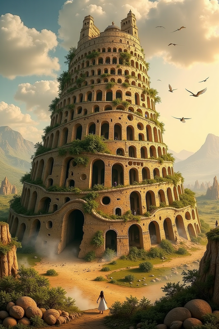 <lora:tower-of-babel-flux-d:1.6>
The Tower of Babel lies in majestic ruin, its once-mighty spirals collapsed into massive broken arches. Ivy creeps over the cracked stone, and the wind whistles through hollow chambers. A warm, golden light filters through the clouds, illuminating what remains of a civilizationâs ambition. Birds nest in crevices where languages once clashed. Romantic ruin aesthetic, no watermark or text.