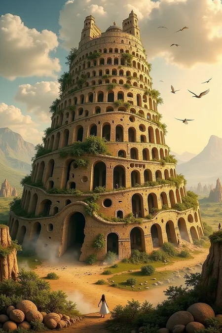 <lora:tower-of-babel-flux-d:1.6>
The Tower of Babel lies in majestic ruin, its once-mighty spirals collapsed into massive broken arches. Ivy creeps over the cracked stone, and the wind whistles through hollow chambers. A warm, golden light filters through the clouds, illuminating what remains of a civilizationâs ambition. Birds nest in crevices where languages once clashed. Romantic ruin aesthetic, no watermark or text.