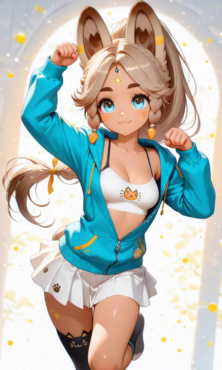 masterpiece, cute, lovely, (best quality:1.3), best quality, (amazing quality:1.3) ,very aesthetic, high resolution, absurdres, newest, 1girl, solo, perfect eyes, intricate eyes, Kachina_Genshin, animal ears, long hair, braid, high ponytail, brown hair, thick eyebrows, facial mark, blue eyes, parted bangs, tattoo, animal_tail, very cute, light particles, cute details, cute colors, (medium_breasts:1.3), BREAK, blue hoodie, partially unzipped, long sleeves, camisole, cat print, white skirt, cat ear legwear, asymmetrical legwear, paw pose, smile, :3, standing on one leg, dynamic pose, dutch angle, abstract background, 