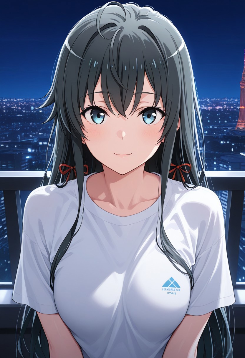 (Best quality , 8K , masterpiece) , Best illustration , Yukinoshita Yukino, 1girl, medium breasts, soft smile, white t-shirts, ((looking for viewers)), tower, night
