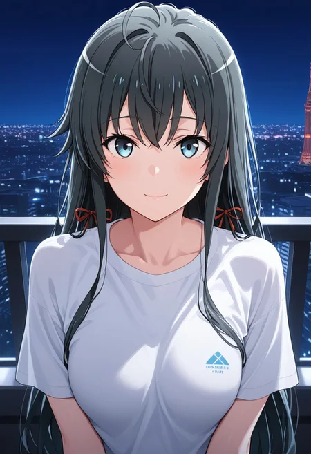 (Best quality , 8K , masterpiece) , Best illustration , Yukinoshita Yukino, 1girl, medium breasts, soft smile, white t-shirts, ((looking for viewers)), tower, night