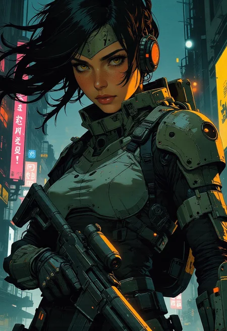 magnificent, closeup portrait, female bounty hunter, braided black hair, futuristic armor, battlesuit, mechanical armor, sleek armor, sexy, curvy, large breasts, large ass, aiming a sniper rifle, sniper rifle, aiming rifle, holstered pistol, Cyberpunk City, Neon Lights, foreshortening,
solo,
Cowboy Shot, close up, from above,