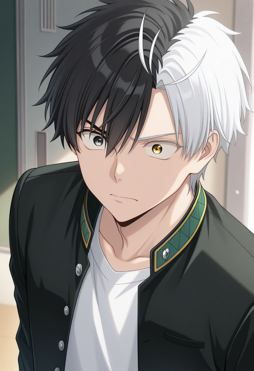 masterpiece,best quality,amazing quality, source_anime, 
sakuharuka, 1boy, male focus, solo, heterocromia, grey eyes, yellow eyes, split-color hair, black hair, white hair, school uniform, jacket, black jacket, open jacket, shirt, white shirt,