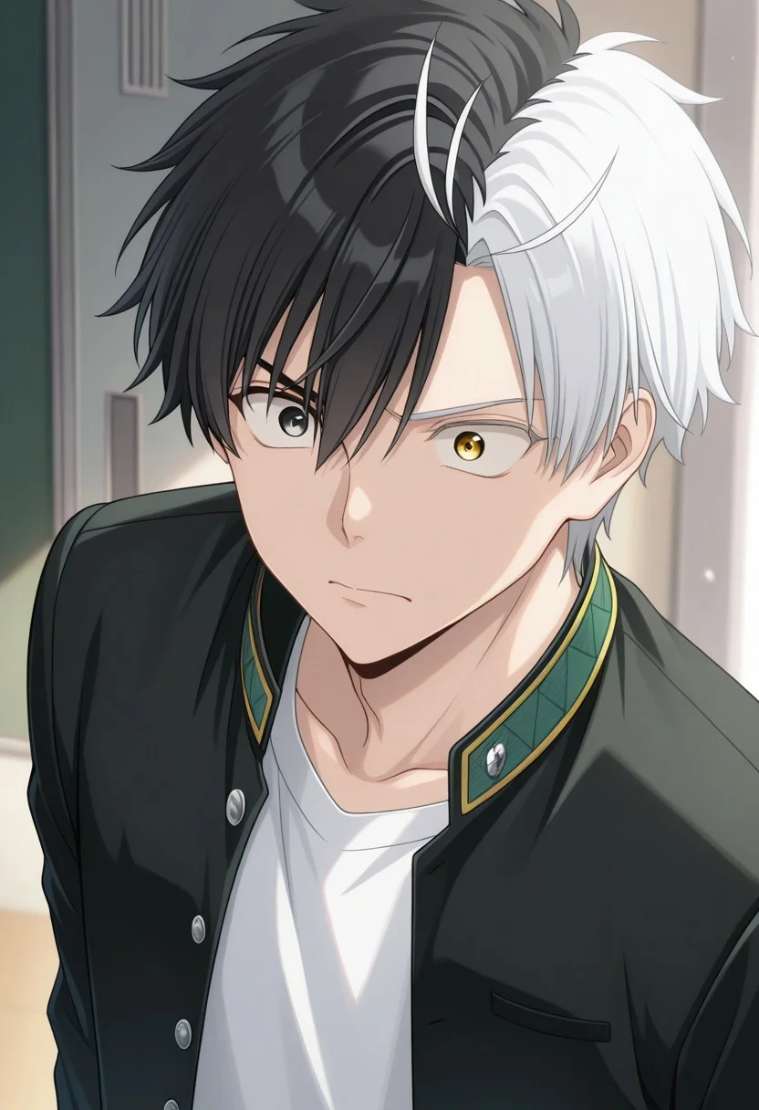 masterpiece,best quality,amazing quality, source_anime,
sakuharuka, 1boy, male focus, solo, heterocromia, grey eyes, yellow eyes, split-color hair, black hair, white hair, school uniform, jacket, black jacket, open jacket, shirt, white shirt,