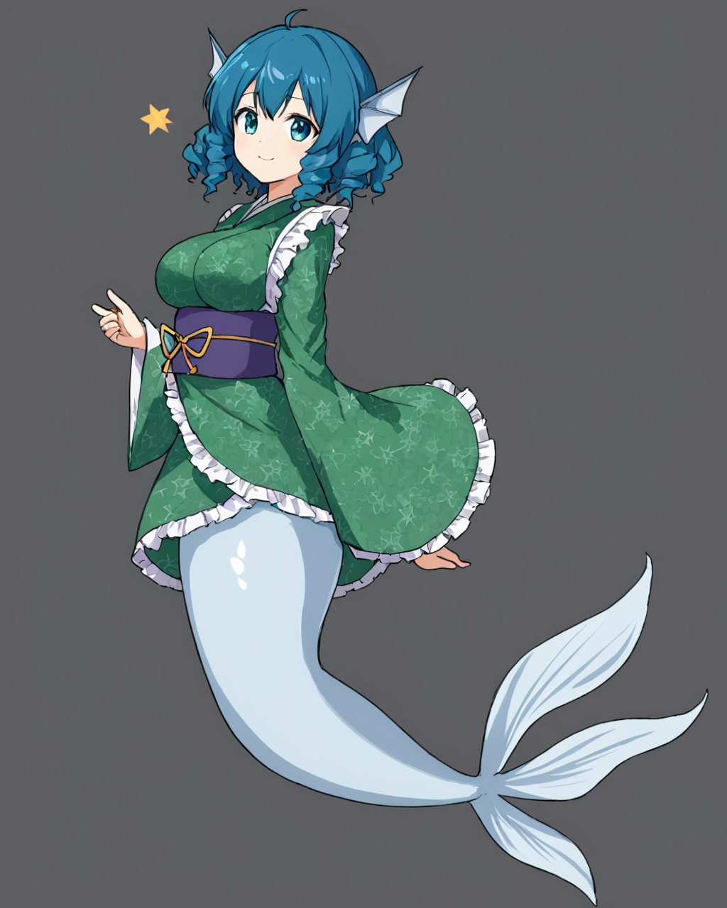 wakasagihime,alphes_\(style\), 1girl, style_parody, solo, mermaid, head_fins, smile, transparent_background, wide_sleeves, long_sleeves, closed_mouth, full_body, looking_to_the_side, frilled_kimono, large_breasts, green_kimono, obi, medium_breasts
<lora:wakasagihime_image2628_2023-12-20-000008:1>,star-shaped_pupils,symbol-shaped_pupils,. gorgeous,key visual, vibrant, studio anime,award-winning, professional, highly detailed,high budget, cinemascope
