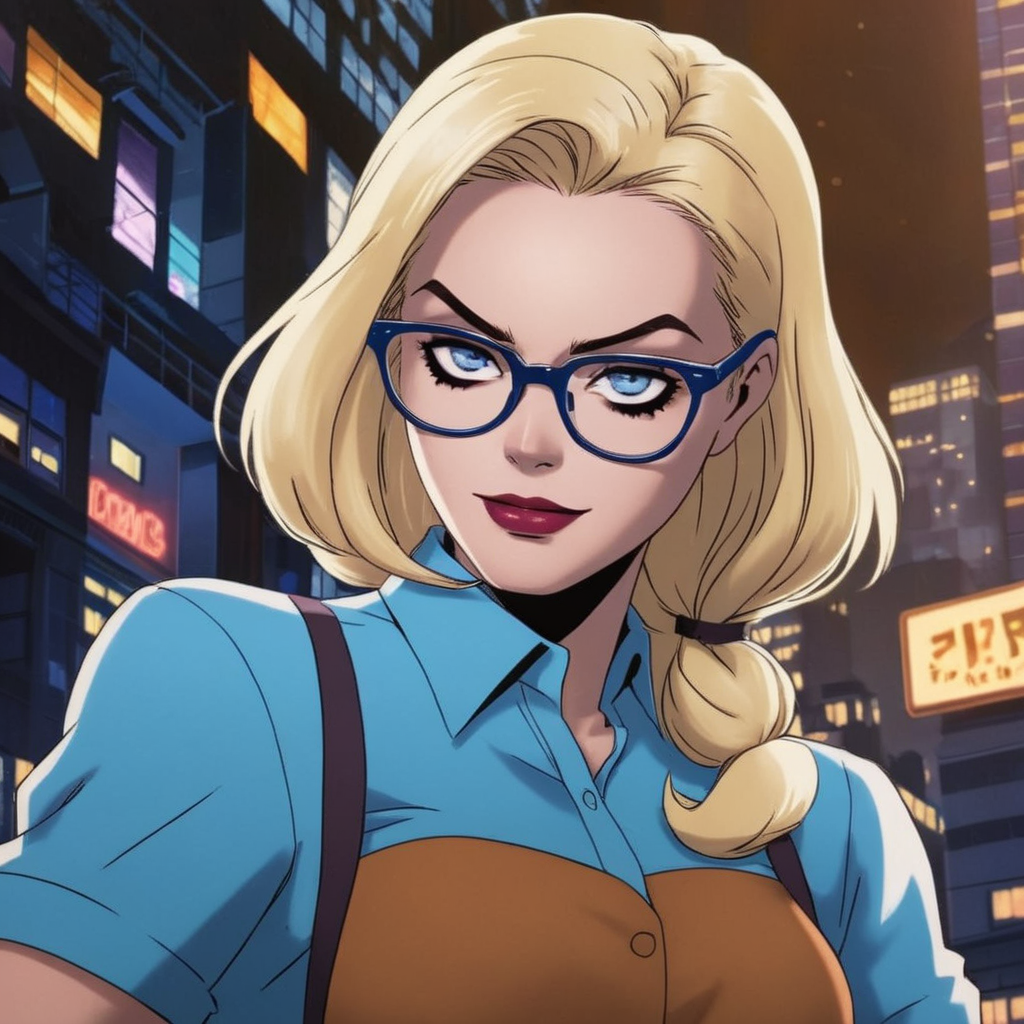 anime artwork of  <lora:Harleen Quinzel:1.2>
Harleen Quinzel a blonde woman with glasses and a blue shirt In Gotham City Universe, anime style, key visual, vibrant, studio anime,  highly detailed