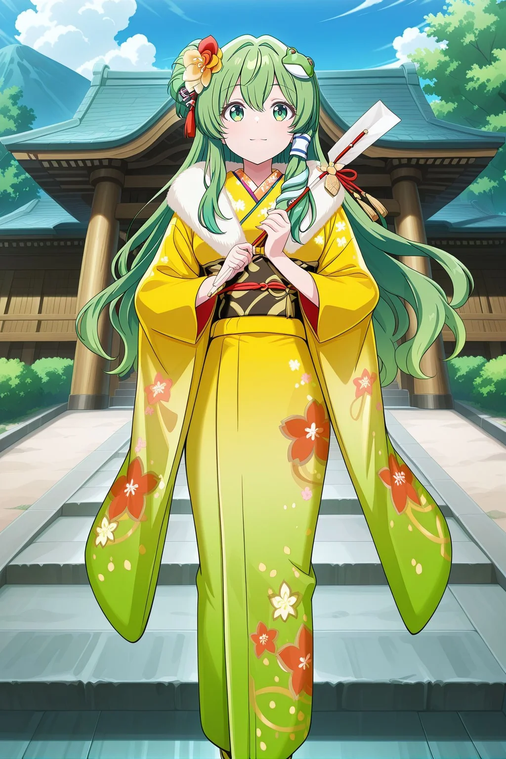 absurdres, highres, masterpiece, best quality, amazing quality, official anime artwork, screencap, anime screencap, outdoors, looking at viewer, light smile, dynamic pose,
<lora:Sanae-Kochiya_IllustriousV2:1> kochiya sanae, 1girl, solo, green eyes, green hair, long hair,, kochiya sanae \(victory wind priestess\), alternate costume, alternate hairstyle, hair ornament, hair flower, fur trim, yellow kimono, gradient kimono, multicolored kimono, floral print, wide sleeves, long sleeves, furisode, sash, yellow obi, red obijime, footwear flower, white socks, yellow shoes, holding hamaya, green kimono,