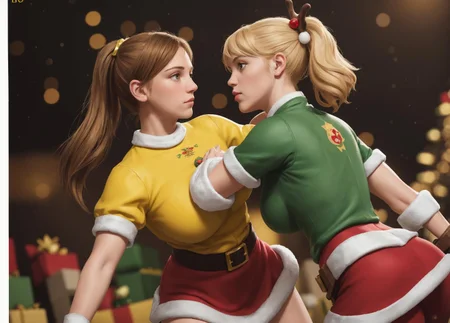 action photo of 2girls, (fighting stance), with blonde hair, with brown hair, skin_tight yellow christmas outfit, (large breasts), 
(santa sitting in the background), reindeer, 
Snow, (christmas lights), christmas tree, (yellow ornaments), 
intricate details, photorealistic, realistic, depth of field, best quality, 8k uhd, high quality, (masterpiece:1), (best_quality:1), ultra high res, ultra-detailed, photography, 8K, HDR, (absurdres:1.2), (bokeh:1.2), professional photograph, (mistletoe emblem), (photorealistic), <lora:mistletoe_mercenaries:1>, (comic book battle), battle, duel,