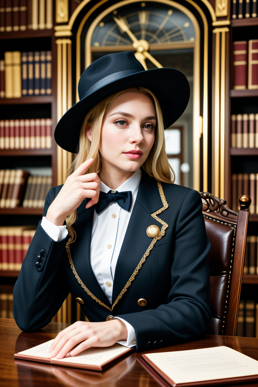 <lora:LCM_LoRA_Weights_SD15:1>,<lora:detail_slider_v4:1.2>,(debonair dapper 30yo old adult gentlewoman, curvy build, long blonde hair), african, dark skin, black eyes, wearing a fedora, dark blue three-piece suit with sleek lines, monk strap shoes, bow tie, designer wristwatch,tie clip, set in a refined vintage library, with a marble fireplace, intricately carved bookshelves, an antique writing desk, a stately grandfather clock,macro photography, extreme close-ups, intricate details, unseen worlds, capturing texture, emphasizing details, revealing beauty in small things, professional lighting, precise focusing, artistic expression, immersive experience, expert technique,