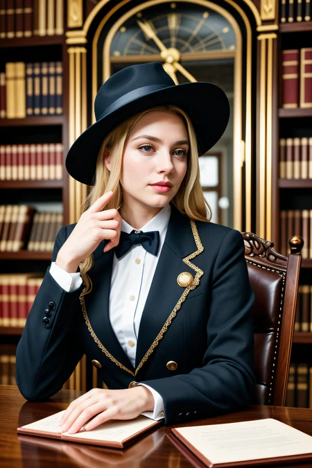 <lora:LCM_LoRA_Weights_SD15:1>,<lora:detail_slider_v4:1.2>,(debonair dapper 30yo old adult gentlewoman, curvy build, long blonde hair), african, dark skin, black eyes, wearing a fedora, dark blue three-piece suit with sleek lines, monk strap shoes, bow tie, designer wristwatch,tie clip, set in a refined vintage library, with a marble fireplace, intricately carved bookshelves, an antique writing desk, a stately grandfather clock,macro photography, extreme close-ups, intricate details, unseen worlds, capturing texture, emphasizing details, revealing beauty in small things, professional lighting, precise focusing, artistic expression, immersive experience, expert technique,