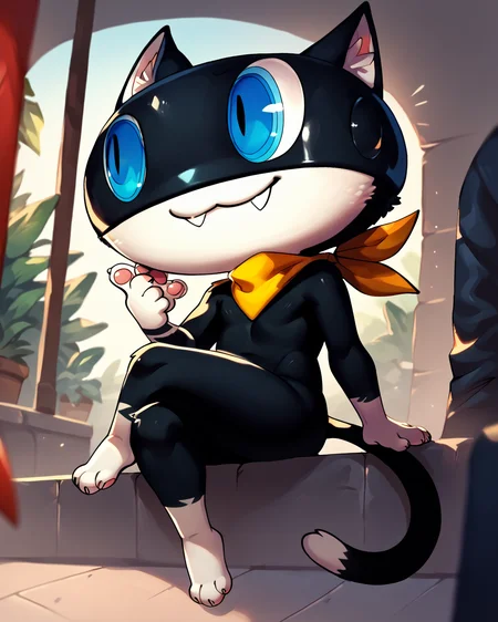 score_9, score_8_up, score_7_up, solo, 1boy, morgana, anthro cat, small male, black fur, blue eyes, sitting, crossed legs, fang, dynamic angle, depth of field, by angstrom, <lora:Morgana_PDXL:1>, <lora:Angstrom:1>