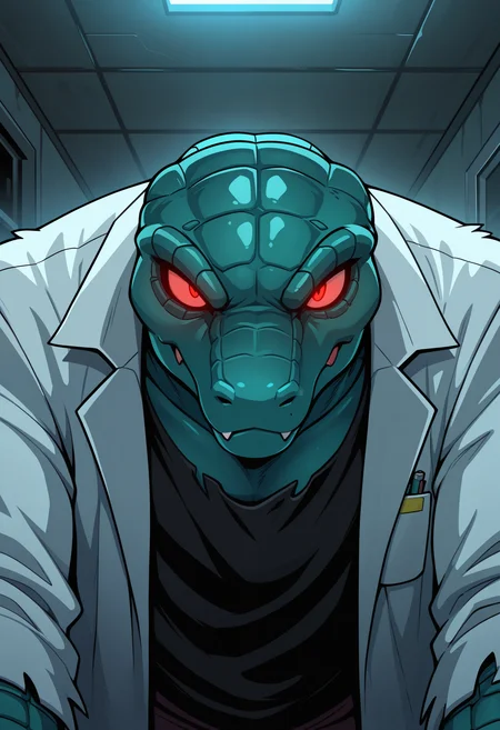 masterpiece, best quality, amazing quality, solo, 1boy, LizardMV, Black Shirt, Labcoat, red eyes, close-up