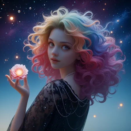 PonyXLV6_Scores: score_9,score_8_up,score_7_up,score_6_up,score_5_up,score_4_up,
solo,flower,(illustration),1girl,mixed-blood,stars in the eyes,messy floating hair,colored inner hair,Starry sky adorns hair,(colorful Bubble),(pearl),(Galaxy),depth of field,upper body,lace-trimmed dress,
<lora:BenthicMerfolk:1>
