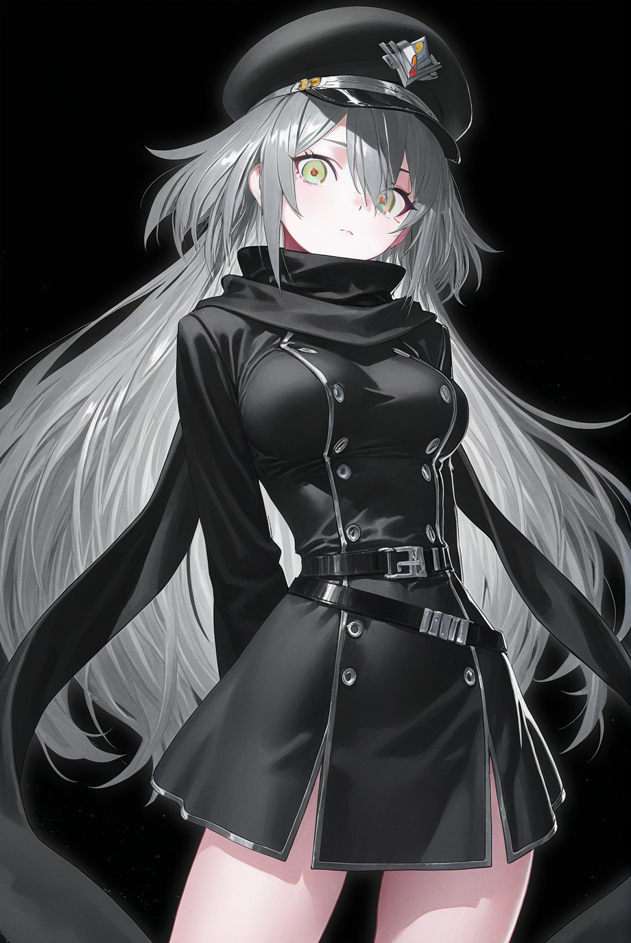 SkyStrikerAce-Zero,1girl,grey hair,black scarf,black dress,scarf,belt,yellow eyes,dress,long sleeves,hat,breasts,long hair,solo,looking at viewer,<lora:Sky Striker Ace - Zero:0.8>,cowboy_shot,looking_at_viewer,arms behind back,black_background,(artist:abazu-red:0.7),reoen,yoneyama mai,rolua,(modare:0.6),(pako \(pakosun\):0.75),, masterpiece,best quality,amazing quality,