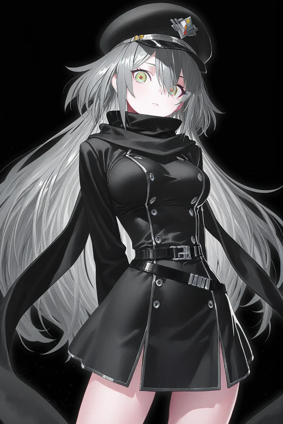 SkyStrikerAce-Zero,1girl,grey hair,black scarf,black dress,scarf,belt,yellow eyes,dress,long sleeves,hat,breasts,long hair,solo,looking at viewer,<lora:Sky Striker Ace - Zero:0.8>,cowboy_shot,looking_at_viewer,arms behind back,black_background,(artist:abazu-red:0.7),reoen,yoneyama mai,rolua,(modare:0.6),(pako \(pakosun\):0.75),, masterpiece,best quality,amazing quality,