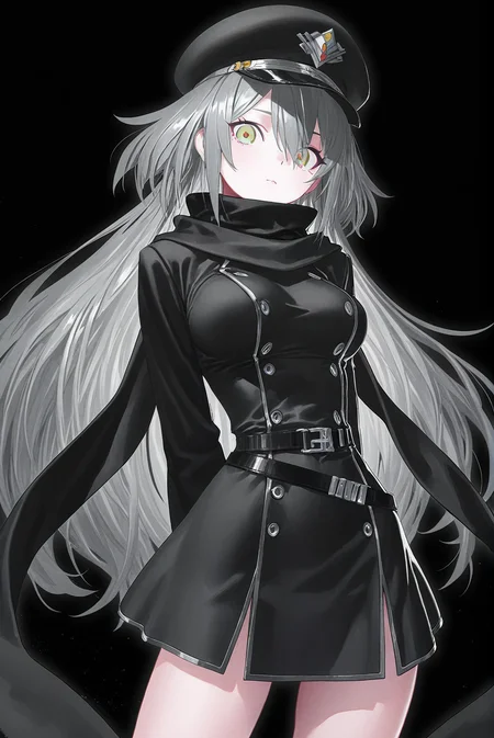 SkyStrikerAce-Zero,1girl,grey hair,black scarf,black dress,scarf,belt,yellow eyes,dress,long sleeves,hat,breasts,long hair,solo,looking at viewer,<lora:Sky Striker Ace - Zero:0.8>,cowboy_shot,looking_at_viewer,arms behind back,black_background,(artist:abazu-red:0.7),reoen,yoneyama mai,rolua,(modare:0.6),(pako \(pakosun\):0.75),, masterpiece,best quality,amazing quality,