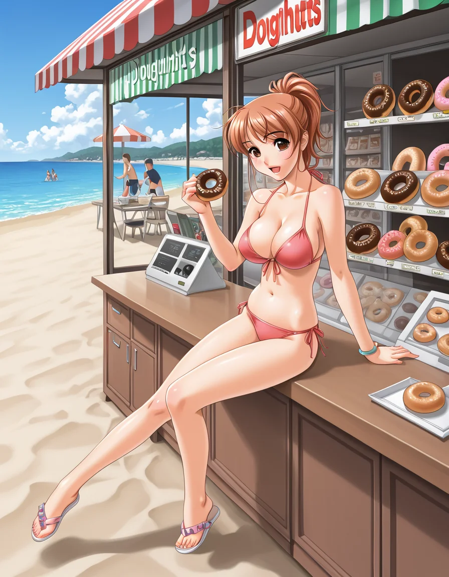 <lora:sano_toshihide_Illustrious:1>ststyle
beach, desk, doughnuts, shop, selling doughnuts, water, sand, beach