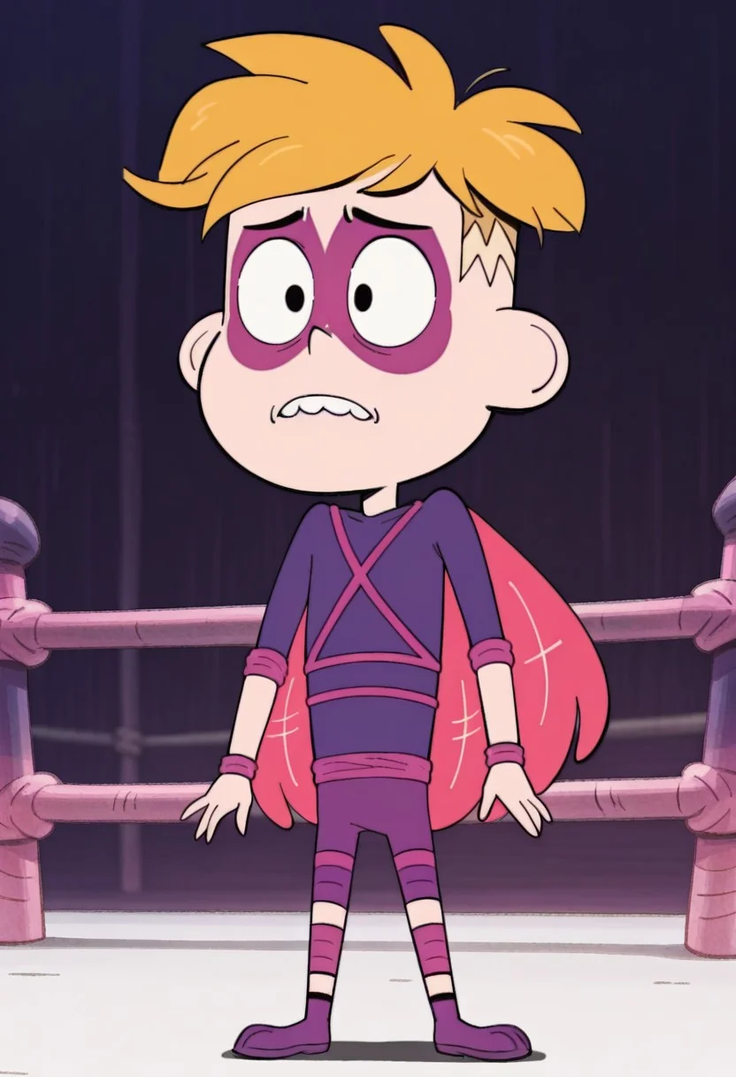 masterpiece, best quality, amazing quality, jack wylde, solo, 1boy, orange hair, black Eyes, two cowlicks, purple wresling costume, purple face paint, pink arm wings, purple pants, purple shoes, bara, full body