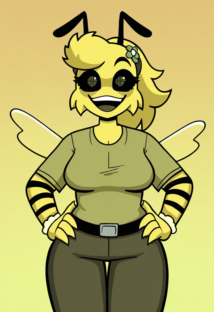 score_9, score_8_up, score_7_up BREAK source_anime, high quality, best quality, masterpiece, bwesweesbizznip, mustardbweswees, 1girl, solo, ponytail, athropod girl, bee, bee girl, stinger, wings, yellow fur, hair flower, hair ornament, colored sclera, black sclera, anthro, antennae, t-shirt, shirt, pants, belt, cowboy shot, smile, hands on hips, looking at viewer, :D, open mouth, gradient background, yellow background