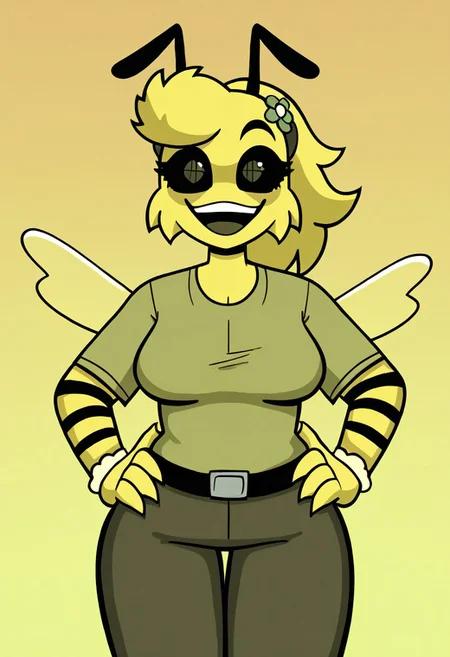 score_9, score_8_up, score_7_up BREAK source_anime, high quality, best quality, masterpiece, bwesweesbizznip, mustardbweswees, 1girl, solo, ponytail, athropod girl, bee, bee girl, stinger, wings, yellow fur, hair flower, hair ornament, colored sclera, black sclera, anthro, antennae, t-shirt, shirt, pants, belt, cowboy shot, smile, hands on hips, looking at viewer, :D, open mouth, gradient background, yellow background