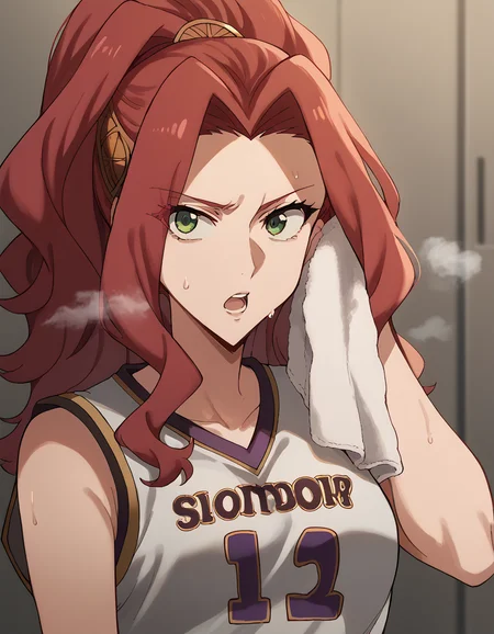 score_9, score_8_up, score_7_up, source_anime, <lora:malty-melromarc-s1s2s3-ponyxl-lora-nochekaiser:1>, malty melromarc, long hair, green eyes, red hair, parted bangs, ponytail, medium breasts,, <lora:basketball-uniform-ponyxl-lora-nochekaiser:1> basketball uniform, basketball jersery, sportswear, jersey, shorts, sleeveless,, audience, gym, sweat, open mouth, steam, <lora:wiping-towel-ponyxl-lora-nochekaiser:1> wiping sweat, towel, holding, sweat, holding towel, looking at viewer, open mouth,, cowboy shot,