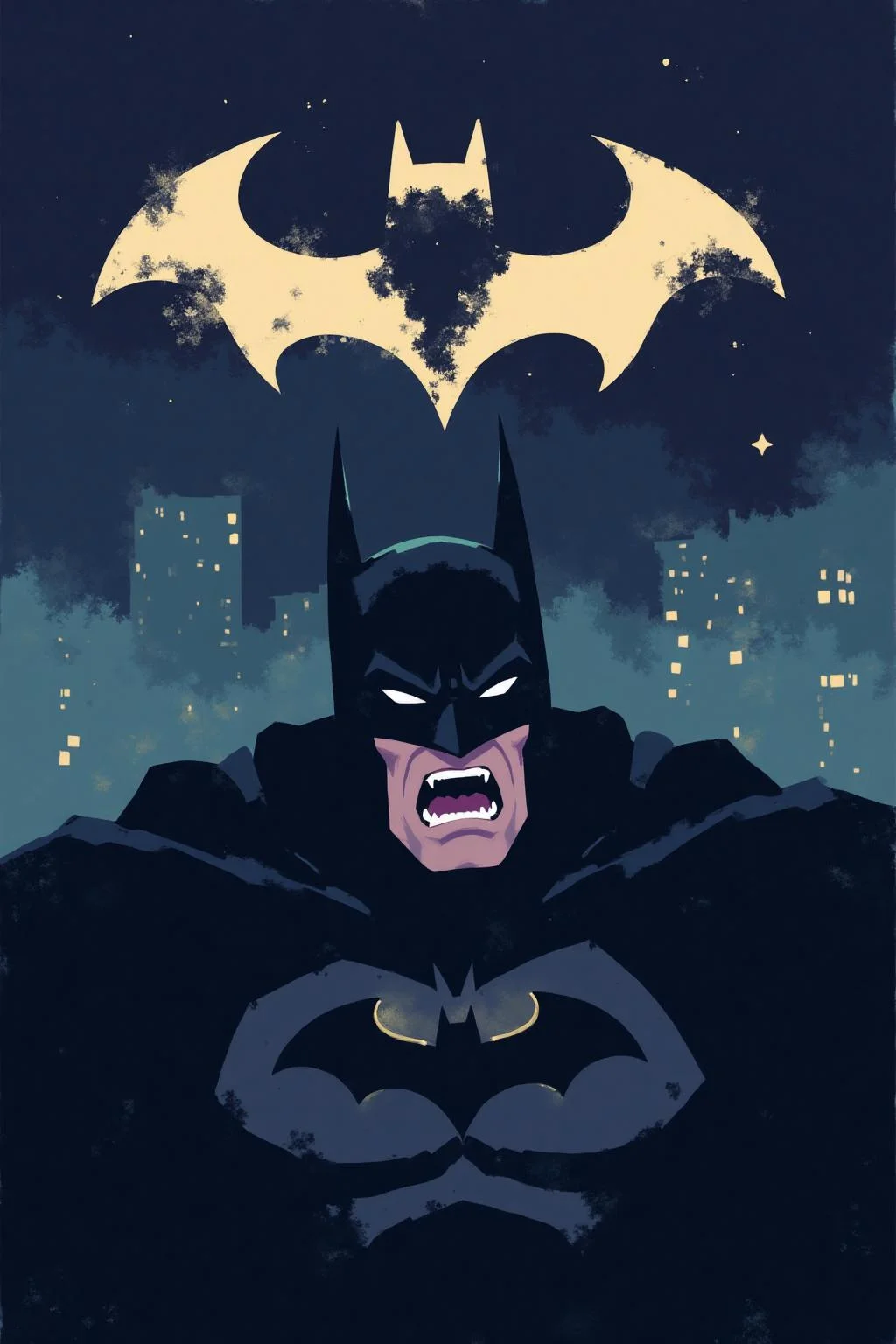 i11ustmin Illustration of Batman shouting angrily. Background is the bat signal on a dark night sky. <lora:minimalist_flat_illustration_nbm:1.0><lora:797682092663180812:0>