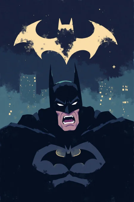 i11ustmin Illustration of Batman shouting angrily. Background is the bat signal on a dark night sky. <lora:minimalist_flat_illustration_nbm:1.0><lora:797682092663180812:0>