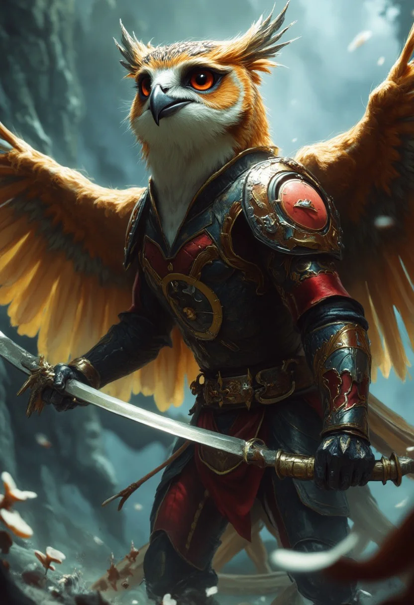 A humanoid owl in bushido armor from fantasy world using a holy silver whip in a dramatic dinamic pose, open wings, blurry  background,