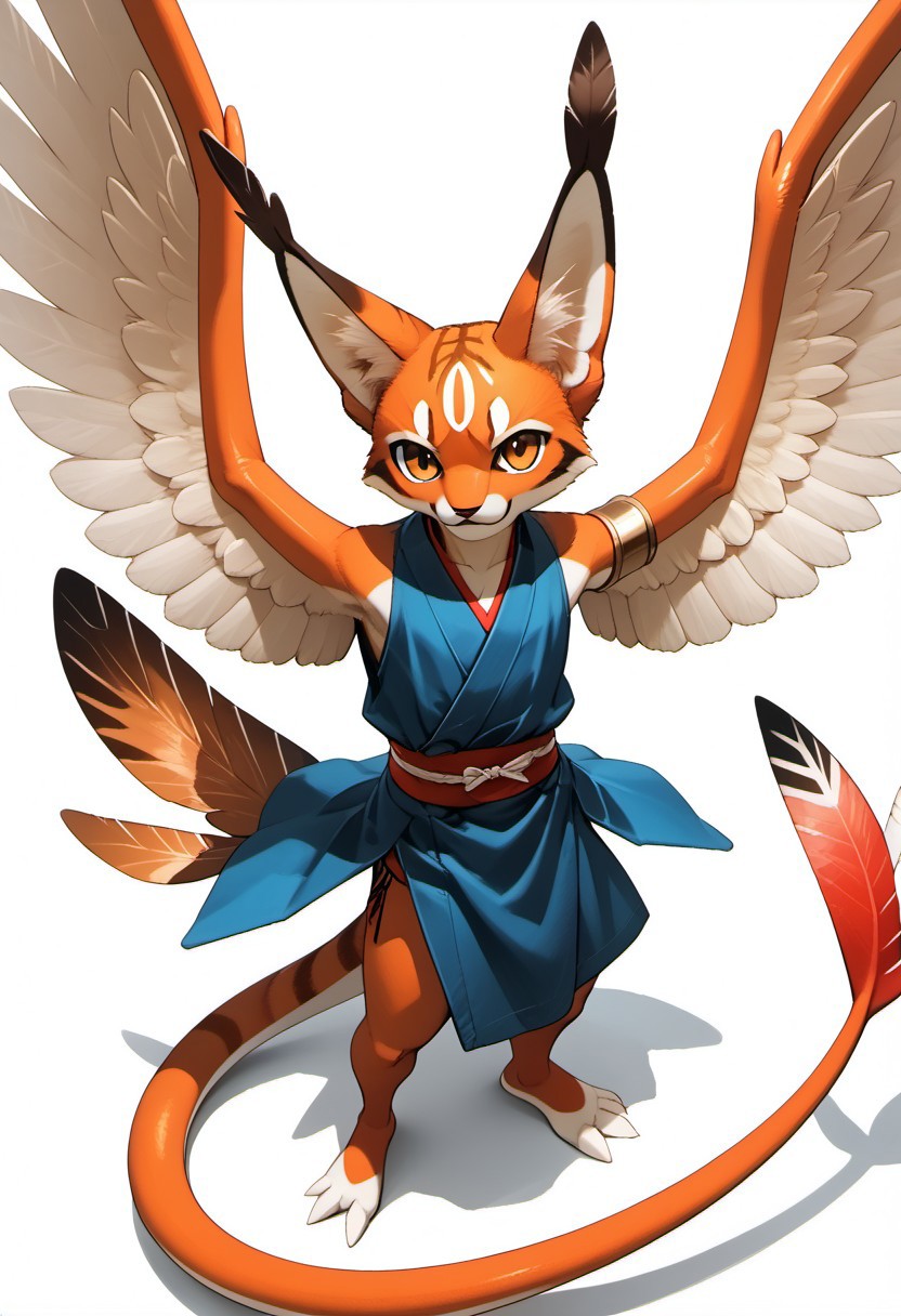 MVC2style
1person, Palagiri, anthro, feline features, feline nose, ((wings)), ((armless)), perfect wings, 
3/4 view, high angle, perfect wings, ((feathers-tipped tail, fanned tail-tip, tapering-tip tail)), simple background, white background, upper body,
Source: anime, score: 9, score: 8up,