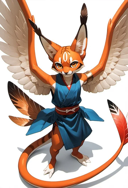 MVC2style
1person, Palagiri, anthro, feline features, feline nose, ((wings)), ((armless)), perfect wings, 
3/4 view, high angle, perfect wings, ((feathers-tipped tail, fanned tail-tip, tapering-tip tail)), simple background, white background, upper body,
Source: anime, score: 9, score: 8up,