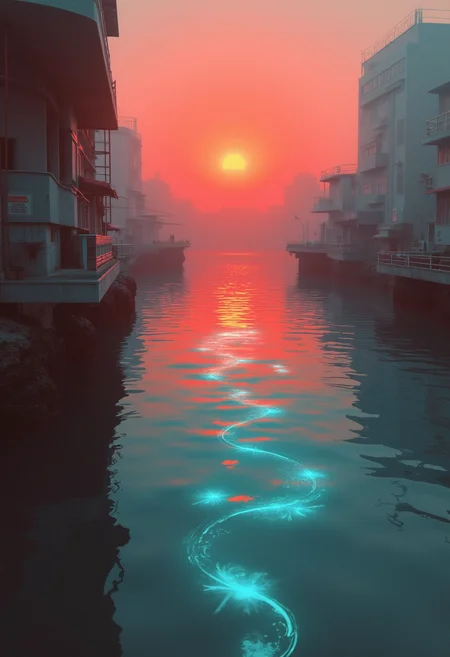 yfg-fwshn Softly lit harbor under a dusky orange sky, swirling schools of glowing fish visible in shallow waters