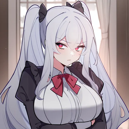 masterpiece,best quality,newest,absurdres,highres,<lora:noobai_ep11_stabilizer_v0.138_fp16:0.8>,tang_xin,long hair,red eyes,long hair,breasts,<lora:Tang_Xin5:1>,looking at viewer,twintails,full body,maid,