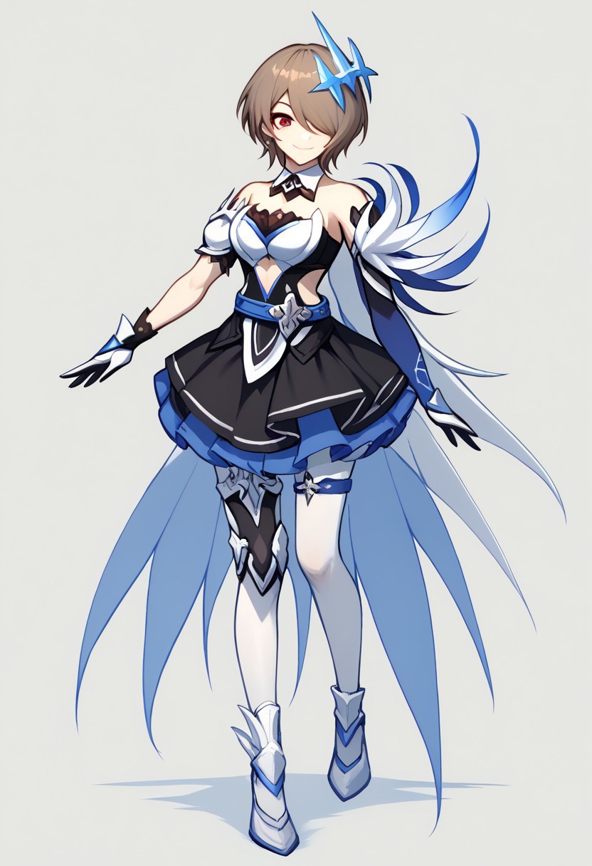 score_9, score_8_up, score_7_up, source_anime, good anatomy, 1girl, solo, RitaRossweisse, brown hair, short hair, hair over one eye, red eye, hair ornament, belt, blue belt, breastplate, white breastplate, center opening, clothing cutout, side cutout, strapless, strapless shirt, detached collar, black and blue shirt, layered skirt, black and blue skirt, miniskirt, asymetrical gloves, white and blue gloves, thigh band, arm bands, asymetrical silver and blue footwear, white pantyhose, wing cape, standing, full body, smirk
