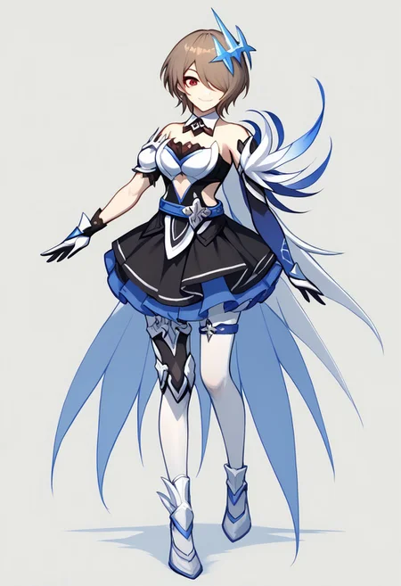 score_9, score_8_up, score_7_up, source_anime, good anatomy, 1girl, solo, RitaRossweisse, brown hair, short hair, hair over one eye, red eye, hair ornament, belt, blue belt, breastplate, white breastplate, center opening, clothing cutout, side cutout, strapless, strapless shirt, detached collar, black and blue shirt, layered skirt, black and blue skirt, miniskirt, asymetrical gloves, white and blue gloves, thigh band, arm bands, asymetrical silver and blue footwear, white pantyhose, wing cape, standing, full body, smirk