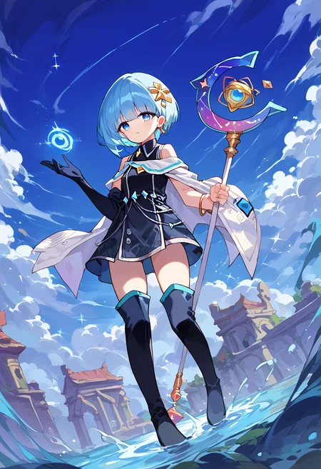 score_9,score_8_up,score_7_up,source_anime,zPDXL3,
*//*,<lora:SiaAstelle_Pony:1>,sia_astelle,1girl,solo,blue hair,short hair,bangs,blue eyes,gloves,thighhighs,thigh boots,earrings,hair ornament,jewelry,black dress,sleeveless,black footwear,single glove,black elbow gloves,staff,(holding staff:1.2),