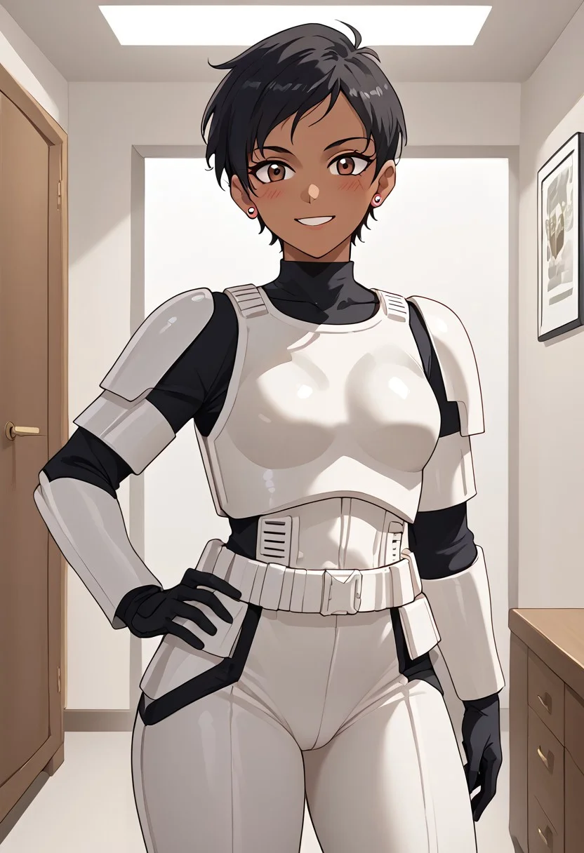 score_9,score_8_up,score_7_up, BREAK ,LoisSDXL,1girl, solo, short hair,black hair,brown eyes,jewelry,earrings,dark skin,dark-skinned female, BREAK,stormtrooper, armor, white armor, bodysuit under clothes, black gloves, belt, covered collarbone, covered neck, BREAK,cowboy shot, hand on hips, standing, looking at viewer, blush, smile, BREAK, indoors, room, closet, Expressiveh