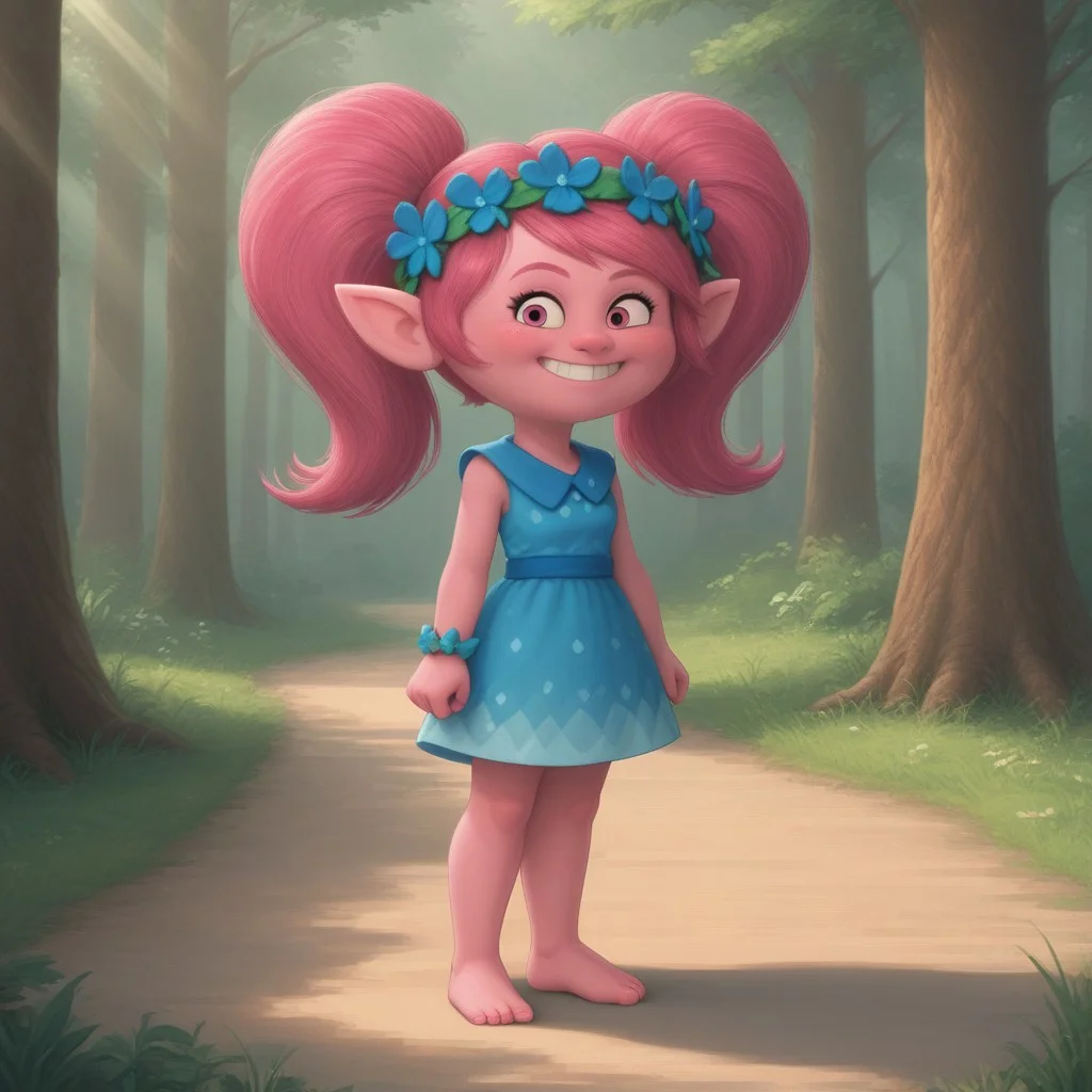 score_9, score_8, BREAK, Poppy_(\Trolls\), pink skin, pink hair, pink nose, ponytail, pink eyes, pointy ears, bracelet, hair flower, head wreath, cyan dress, barefoot, sexy pose, smile, outdoors, sunlight, shadows, evening lighting, natural lighting, forest, trees, grass, orange sky, sunset
