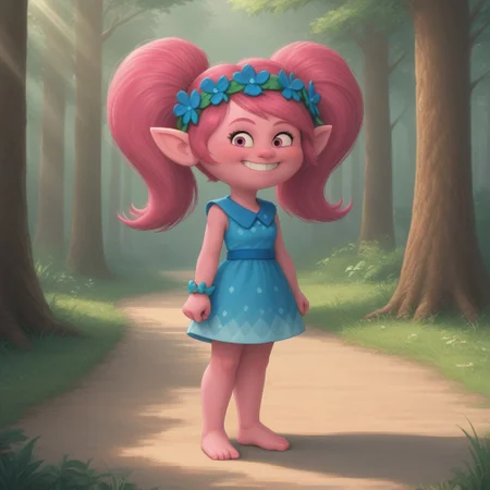 score_9, score_8, BREAK, Poppy_(\Trolls\), pink skin, pink hair, pink nose, ponytail, pink eyes, pointy ears, bracelet, hair flower, head wreath, cyan dress, barefoot, sexy pose, smile, outdoors, sunlight, shadows, evening lighting, natural lighting, forest, trees, grass, orange sky, sunset
