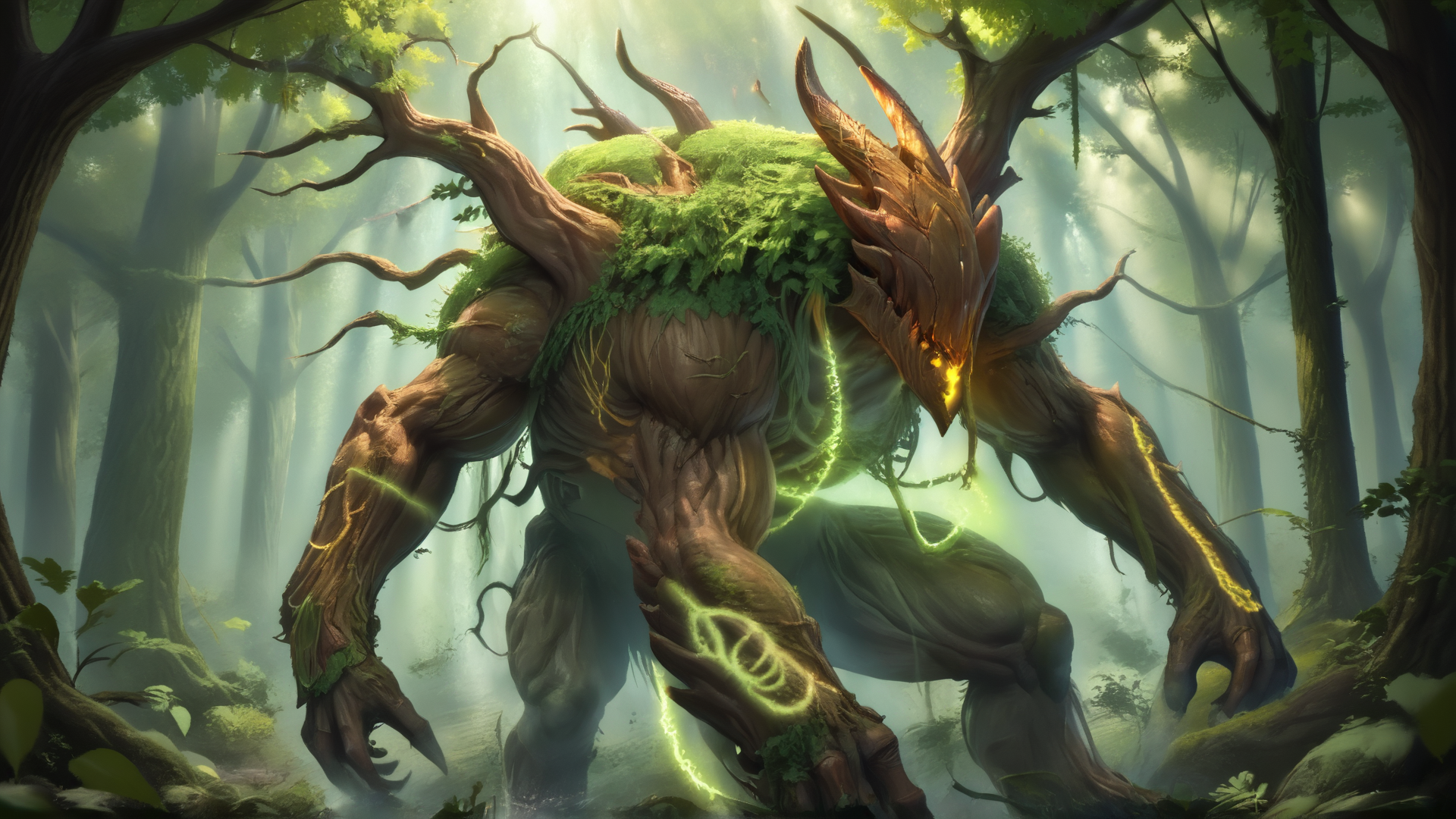 A colossal ancient treant, rough bark texture with deep grooves and glowing amber sap veins, twisted trunk torso, massive root-like legs digging into the soil, branch-like arms covered in moss and ivy, dense leafy foliage sprouting from its back, surrounded by a mystical forest with bioluminescent mushrooms, soft sunlight filtering through the canopy, hyper-detailed, fantasy realism, cinematic composition, vibrant natural colors  <lora:Treant:1> <lora:realistic_pony:0.8> <lora:xl_more_art-full_v1:0.8>