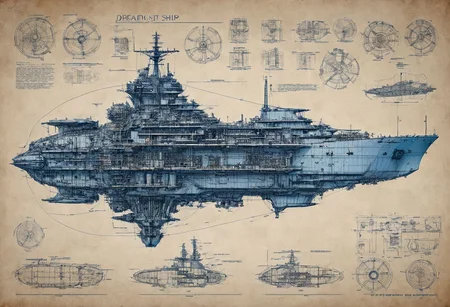 construction plan with blue thin lines for a huge dreadnought ship with 6 floors sketch style high def,ship cut in half with instructions and descrption of each parts