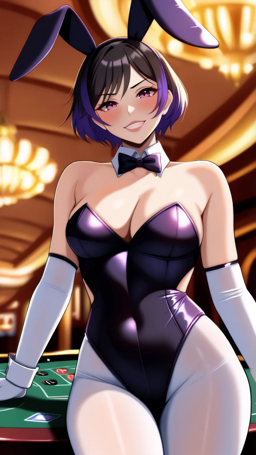 masterpiece, best quality, very aesthetic, absurdres, BREAK, 1girl, looking at viewer, cowboy shot,
<lora:Reinav2_Illu_Dwnsty:0.8>, reina_def, purple eyes, multicolored hair, black hair, purple hair, short hair, playboy bunny, black leotard, white pantyhose, fake animal ears, detached collar, elbow gloves, white gloves, cleavage,
medium breasts, lips, blush, grin,
indoors, casino card table, casino,