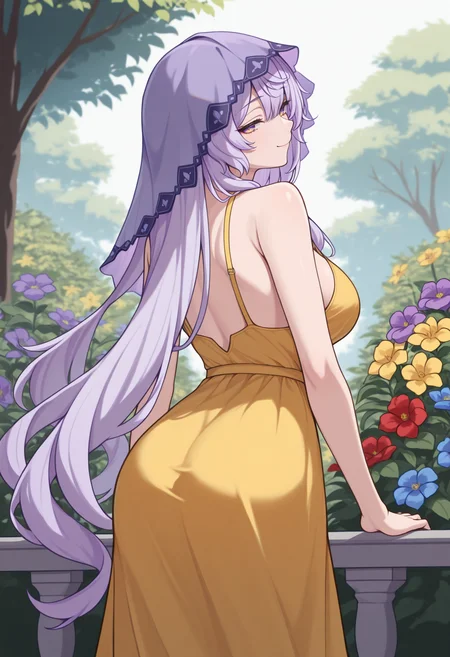 masterpiece, best quality, 1girl, solo, BlkSwnHSR, purple eyes, yellow eyes, gradient eyes, purple hair, long hair, purple veil, from behind, outdoors, looking back, smile, yellow sundress, garden, flower, red flower, blue flower, yellow flower, purple flower, <lora:ChamBlackSwanIllustriousXL:1>