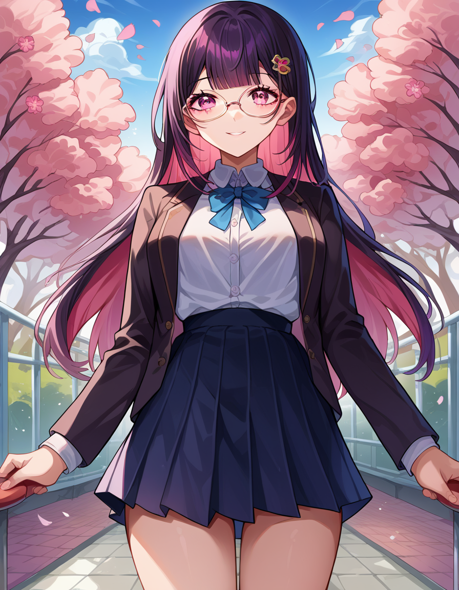 score_9, score_8_up, score_7_up, source_anime,
honkaisparkle, <lora:honkai-sparkle-ponyxl-lora-nochekaiser:1>,
sparkle school uniform, black hair, colored inner hair, glasses, hair intakes, hair ornament, hairclip, long hair, multicolored hair, pink eyes, purple hair, straight hair, smile,
black jacket, black skirt, blazer, blue ribbon, collared shirt, high-waist skirt, jacket, long sleeves, neck ribbon, open clothes, open jacket, pleated skirt, ribbon, school uniform, shirt, skirt, white shirt,
outdoors, cherry blossoms,
looking at viewer, cowboy shot, dutch angle,