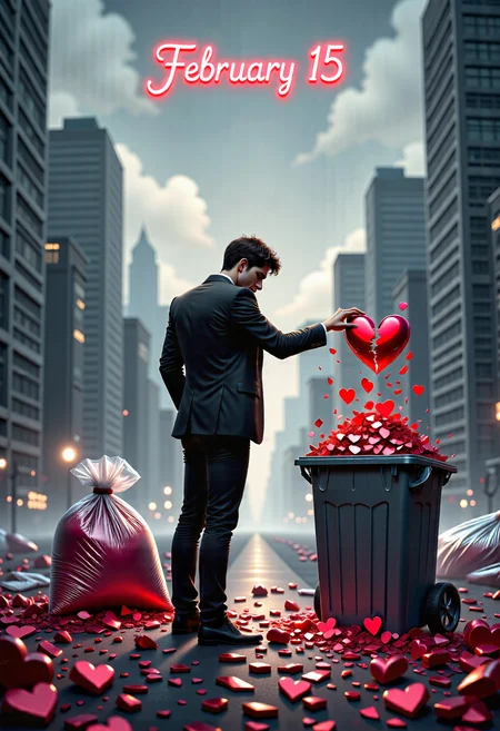 Full figure illustration of a 20 year old man standing in dynamic pose in the middle of a desolate and heartbroken wasteland. His hunched figure, dressed in a sleek black suit, exudes silent sadness as he extends his hand, releasing a shattered 3D red broken heart into a large, clear trash bag already overflowing with broken love. The ground beneath him is littered with countless fragmented hearts, their jagged edges gleaming under the dim city lights, like remnants of a forgotten affection. Nearby, two clear trash bags overflow with discarded hearts, their crushed shapes pressing against the plastic, suffocated but painfully visible. Before him stands a dented gray metal trash can, an altar to lost love, cold and indifferent. His melancholic gaze stops at the heart in the air, following its gentle but inevitable descent towards oblivion.

The surrounding cityscape rises in dull shades of gray, an endless expanse of faceless buildings that dissolve into the night, offering no solace, only silence. A heavy cart, loaded with a mountain of shattered red hearts, waits in the background, a cruel testimony to the impermanence of love. The sky above is hollow, empty, except for a single, very large floating text, glowing faintly in elegant but sad script with text: "February 15."

The composition is hauntingly simple, with every detail amplifying the weight of solitude, regret, and emotional exhaustion. The color palette is nearly monochromatic, awash in deep grays, blackened shadows, and muted reds that barely flicker against the cold urban night. The detailed realism, reminiscent of a graphic novel’s evocative storytelling, captures the piercing ache of loss. The man stands alone, surrounded yet unseen, drowning in a sea of discarded love, forever trapped in the quiet tragedy of the day after.


aidmatextimprover
aidmaMJ6.1
vantablack
